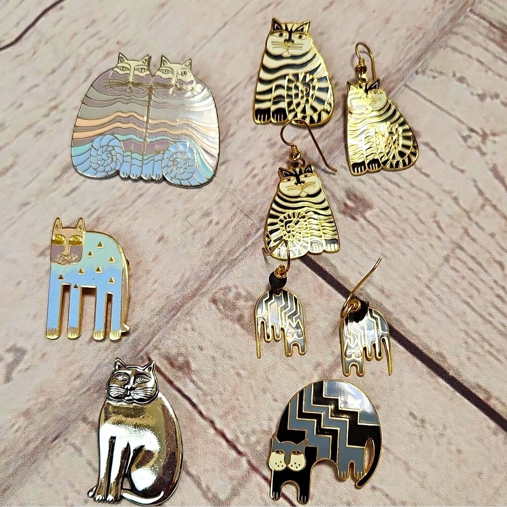 Laurel Burch Cat Theme Jewelry Lot 9 pc Enamel Metal Pins Brooch Earrings